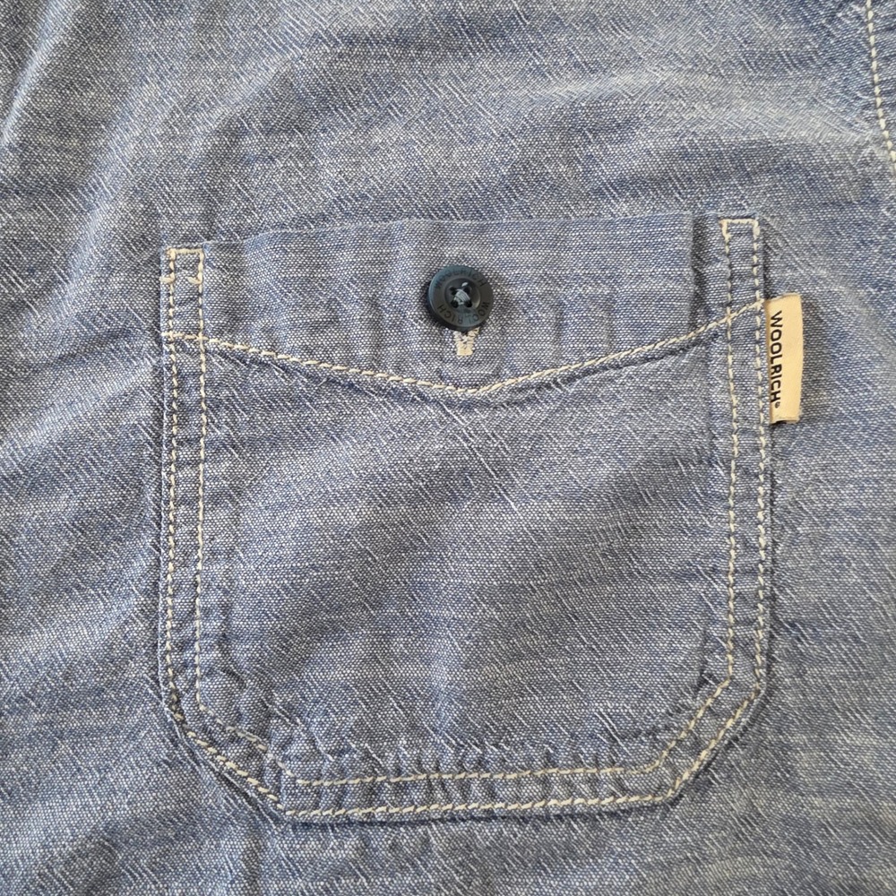 Woolrich Mens Blue Cotton Chambray Short Sleeve Button Down Shirt Large L - Picture 4 of 8